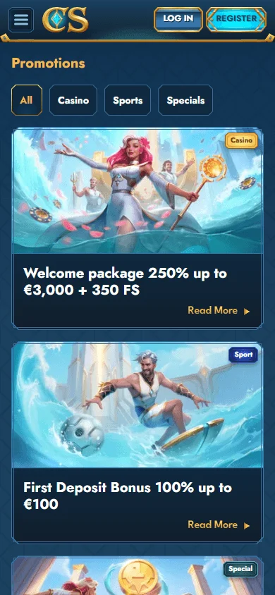 Casea Casino mobile promotions interface with available offers