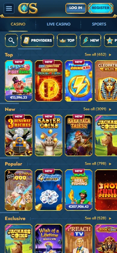 Casea Casino mobile games interface with casino titles