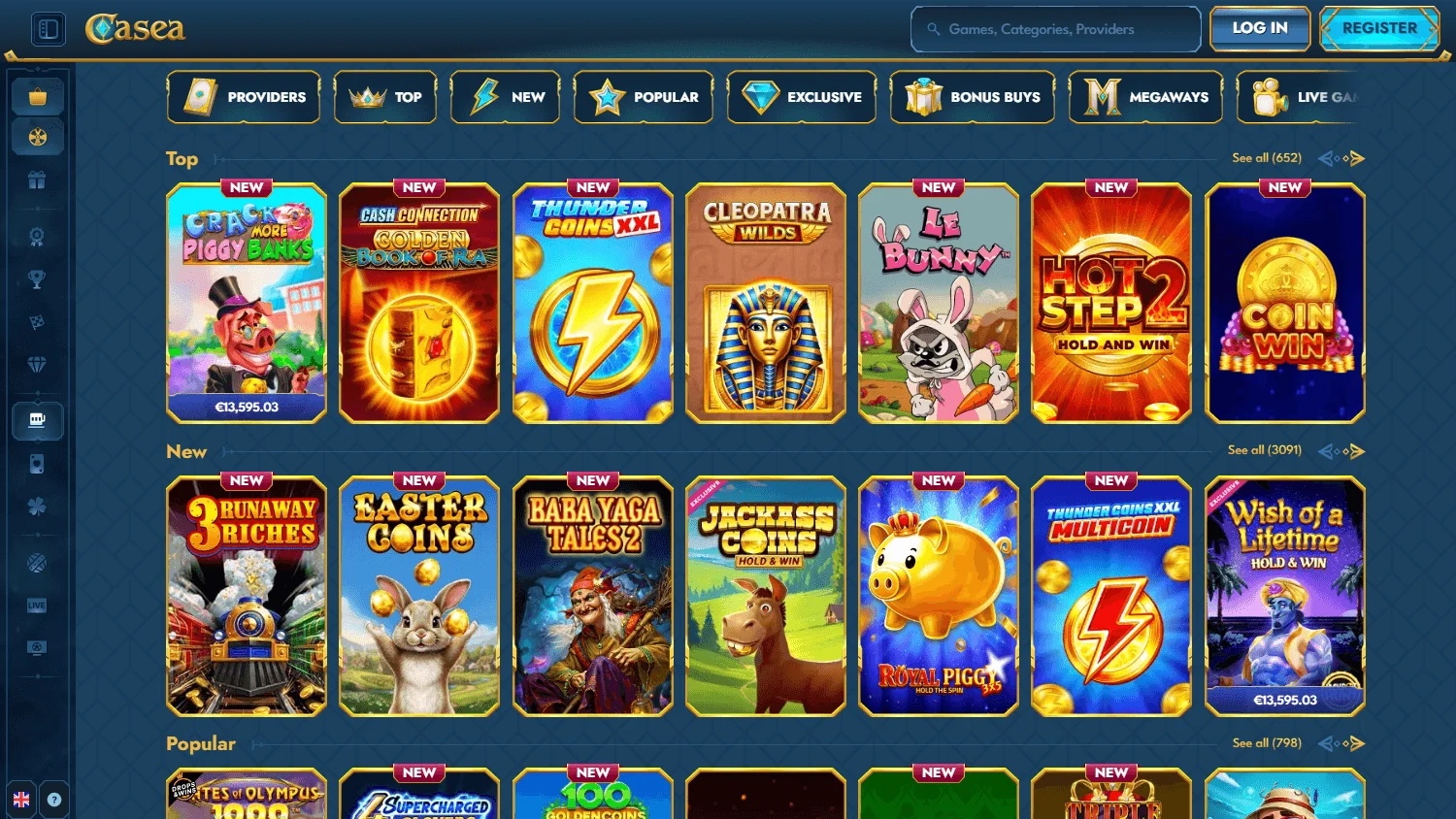 Casea Casino desktop games interface with casino categories and titles