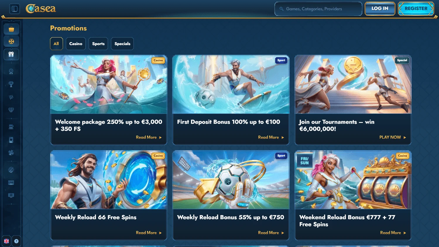 Casea Casino desktop promotions interface with welcome and reload offers