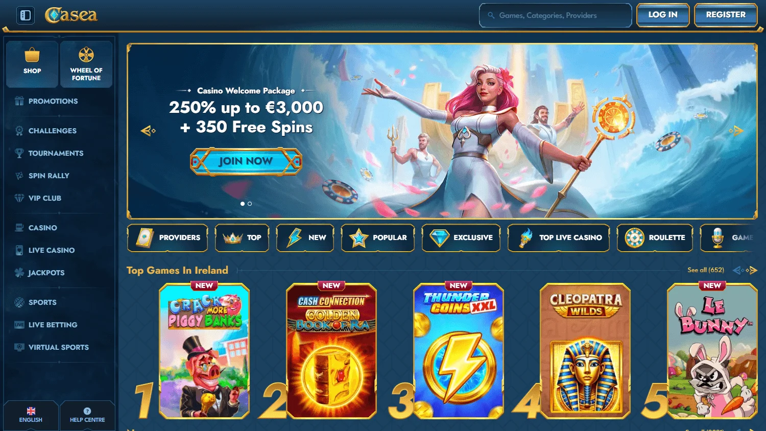 Casea Casino desktop home interface with casino and sportsbook options