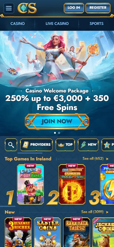 Casea Casino mobile home interface for smartphone play